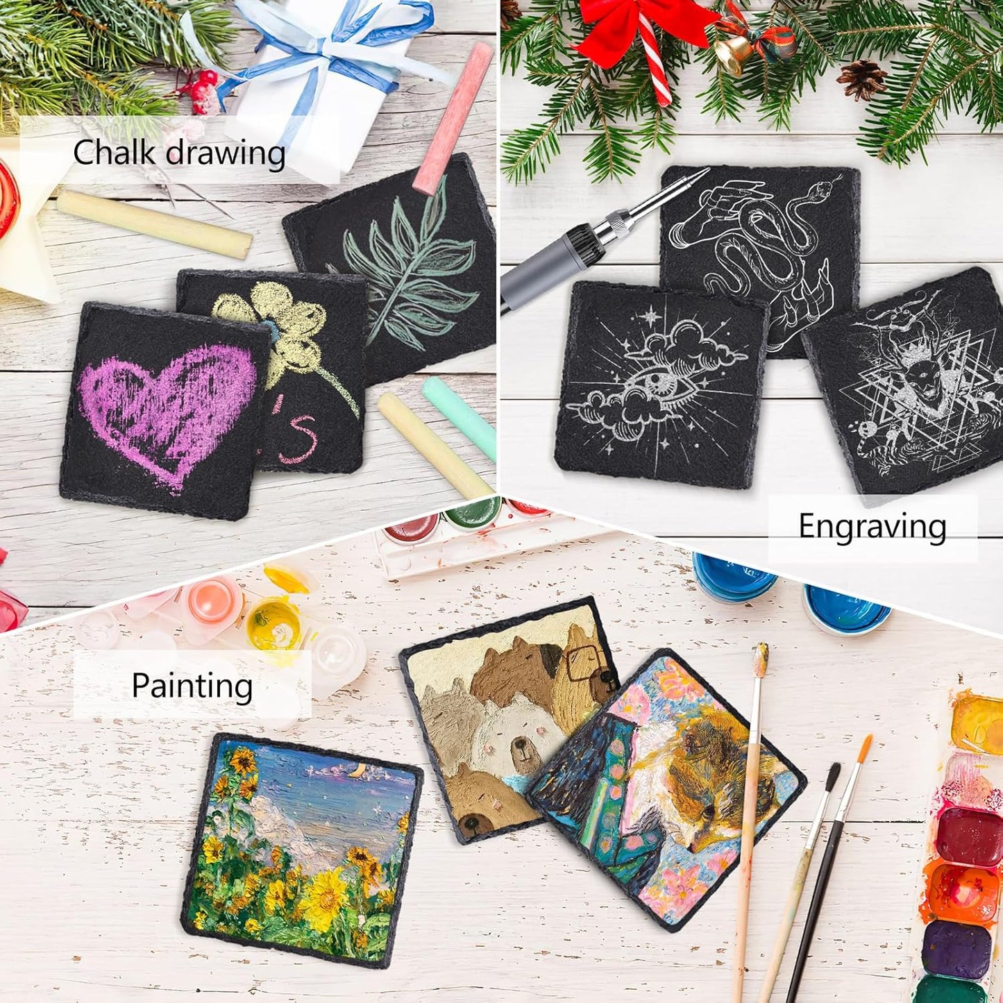 12 PCS Square Slate Drink Coasters Set, 4 Inch Laser Engraving Black Slate Stone Coasters with Anti-Scratch Bottom and Coaster Holder for Office Bar Kitchen Home Dinner Table Decor Supplies