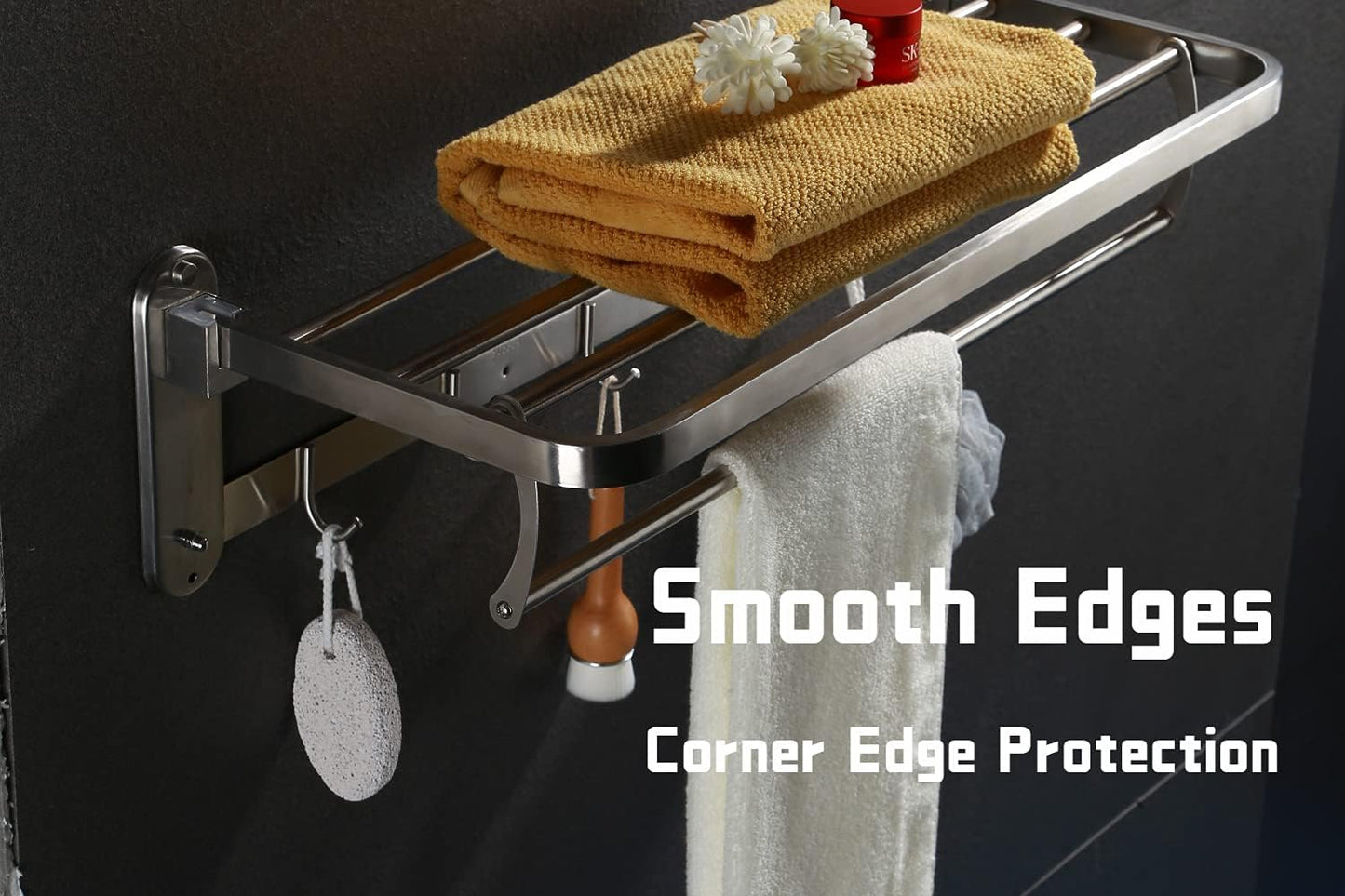 24 Inch Bathroom Shelf with Foldable Towel Bar Holder and 5 Towel Hooks Double Towel Rack for Bathroom Wall Mounted SUS304 Stainless Steel No Rust Polished Chrome Double Towel Bar