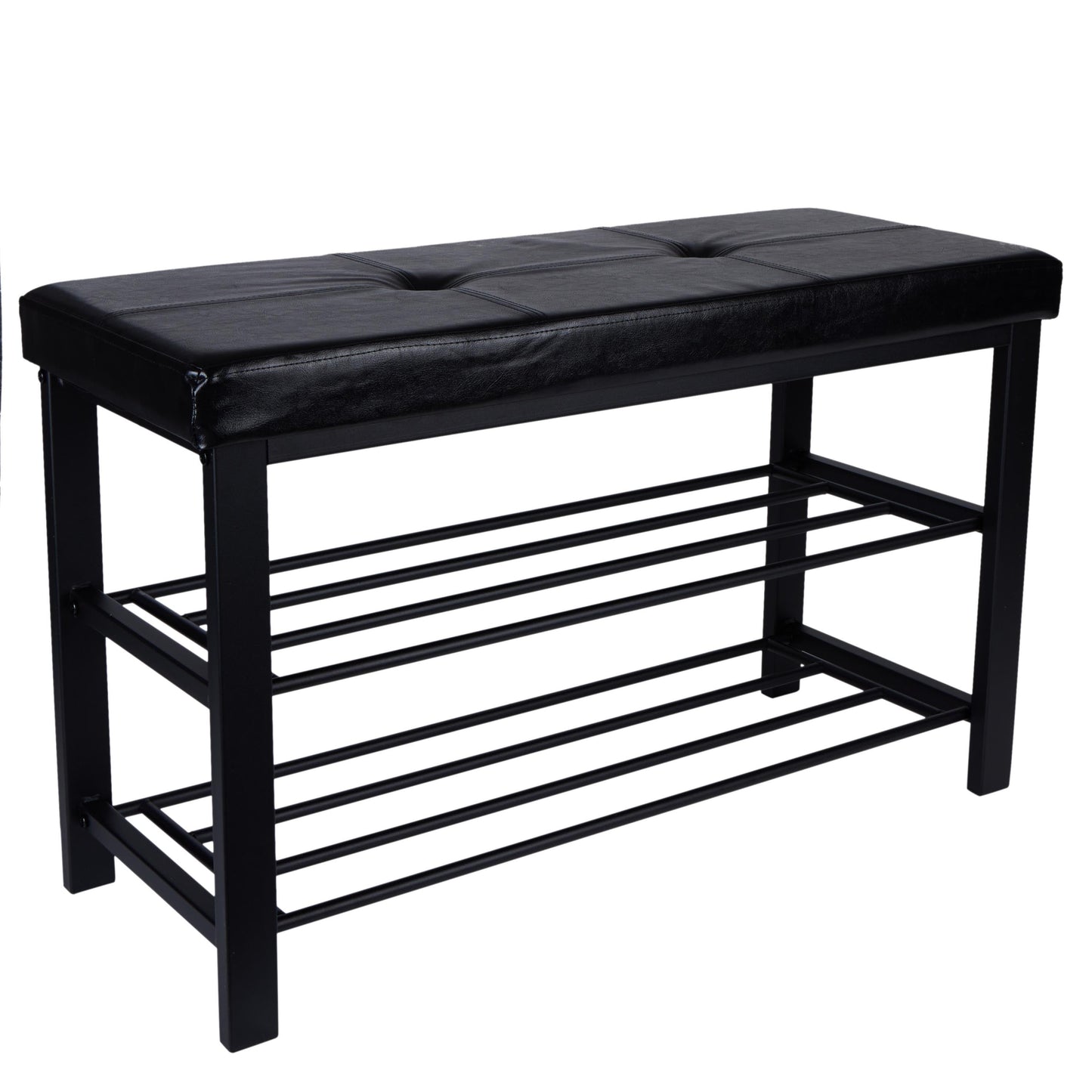 2 Tier Faux Leather Entryway Bench with 8 Pair Shoe Storage in Black