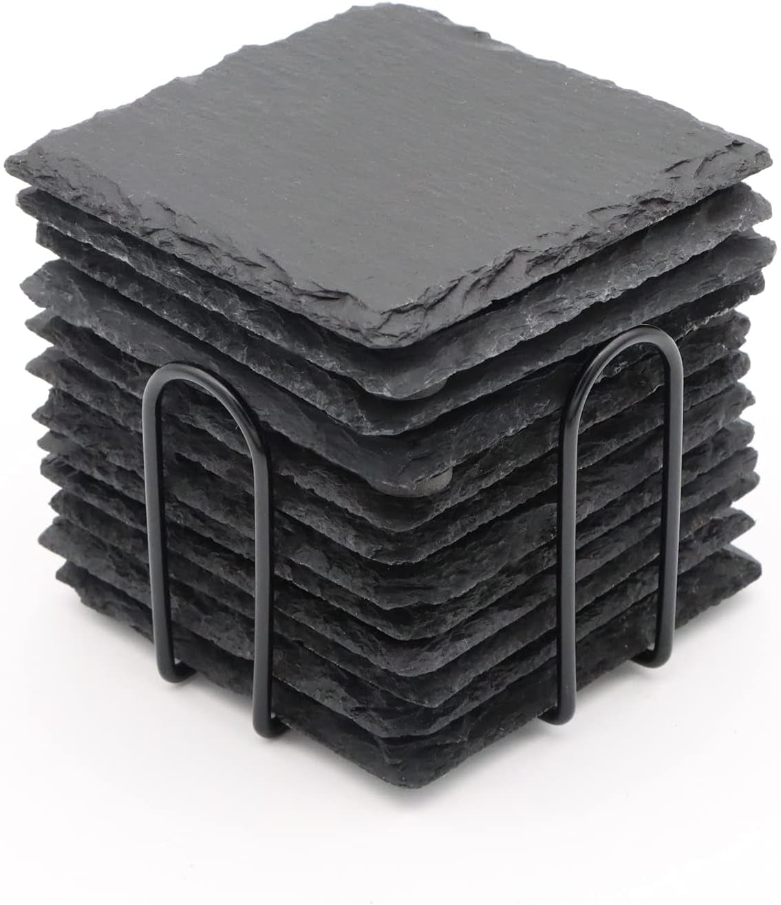 12 PCS Square Slate Drink Coasters Set, 4 Inch Laser Engraving Black Slate Stone Coasters with Anti-Scratch Bottom and Coaster Holder for Office Bar Kitchen Home Dinner Table Decor Supplies