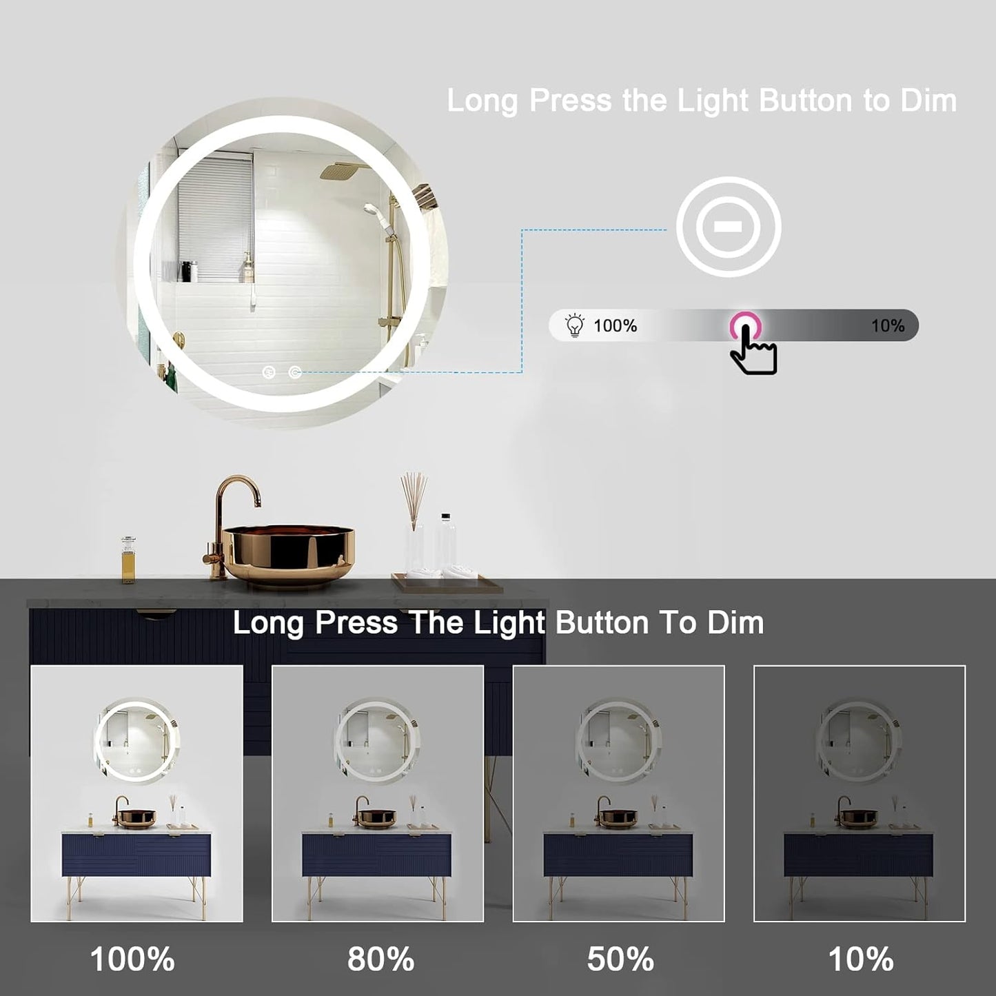 32 Inch Large Modern LED round Bathroom Vanity Mirror, Color Temperature Adjustable, Anti-Fog Dimmable Lights, Easy to Install, Wall Mounted Makeup Mirror with Smart Touch Button