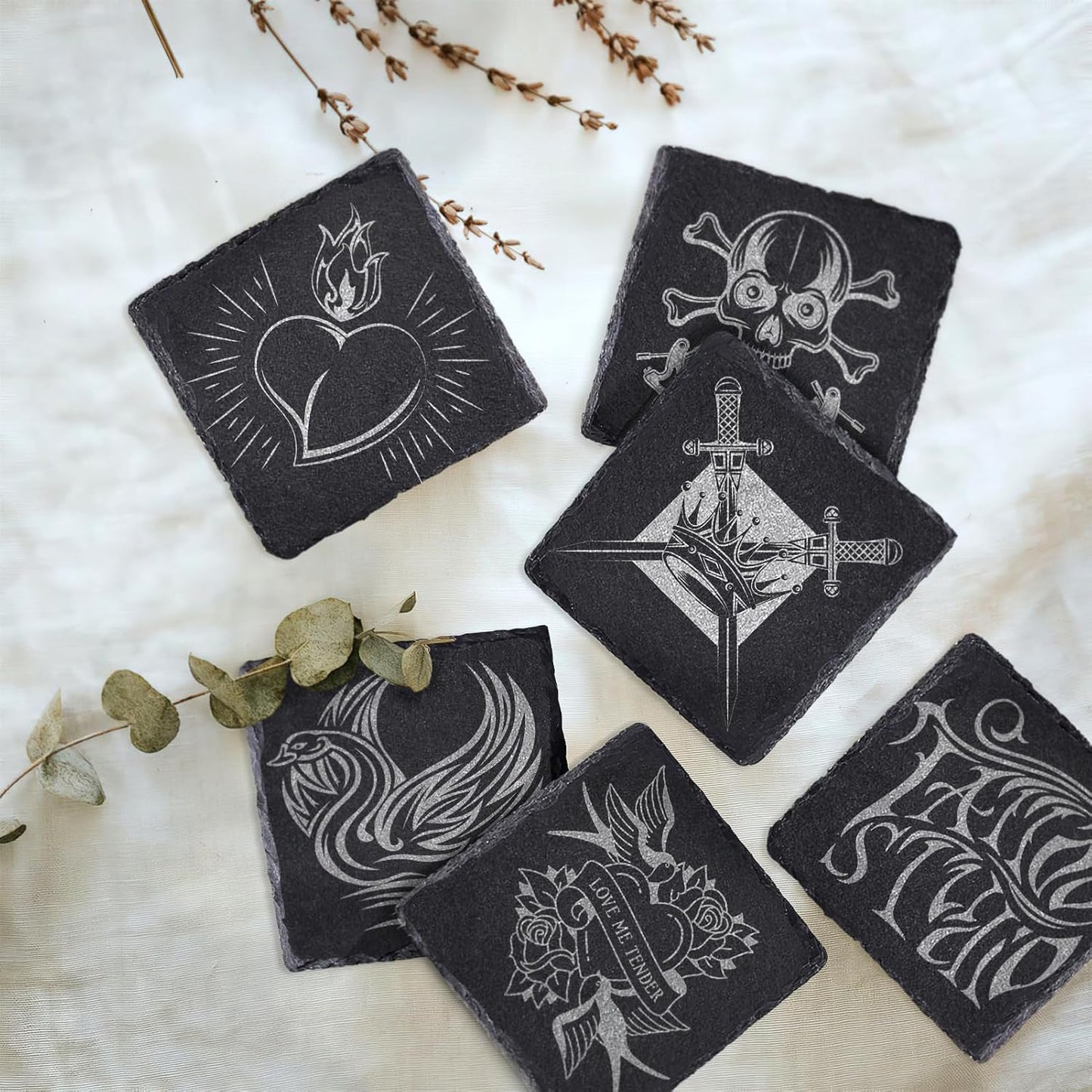 12 PCS Square Slate Drink Coasters Set, 4 Inch Laser Engraving Black Slate Stone Coasters with Anti-Scratch Bottom and Coaster Holder for Office Bar Kitchen Home Dinner Table Decor Supplies