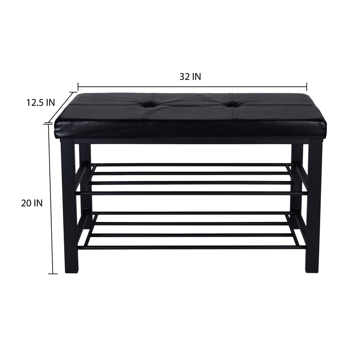 2 Tier Faux Leather Entryway Bench with 8 Pair Shoe Storage in Black