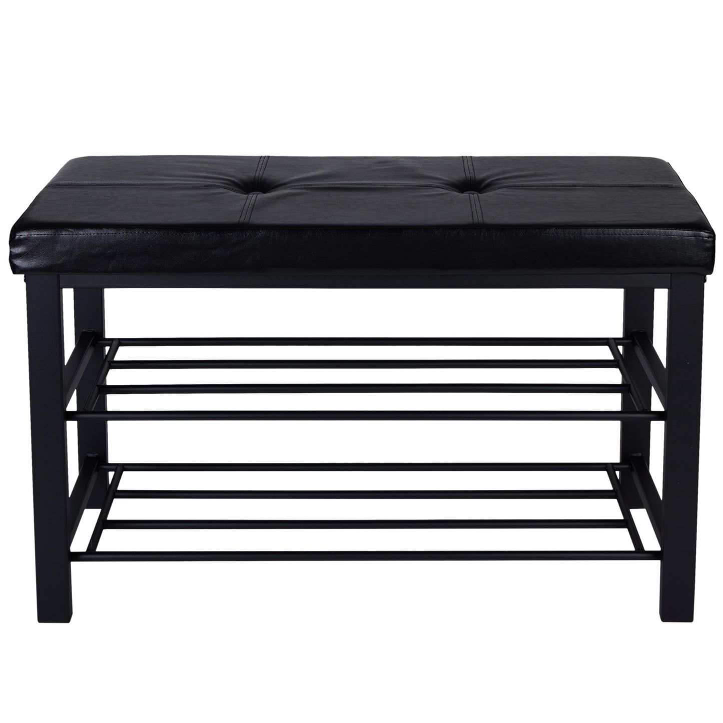 2 Tier Faux Leather Entryway Bench with 8 Pair Shoe Storage in Black