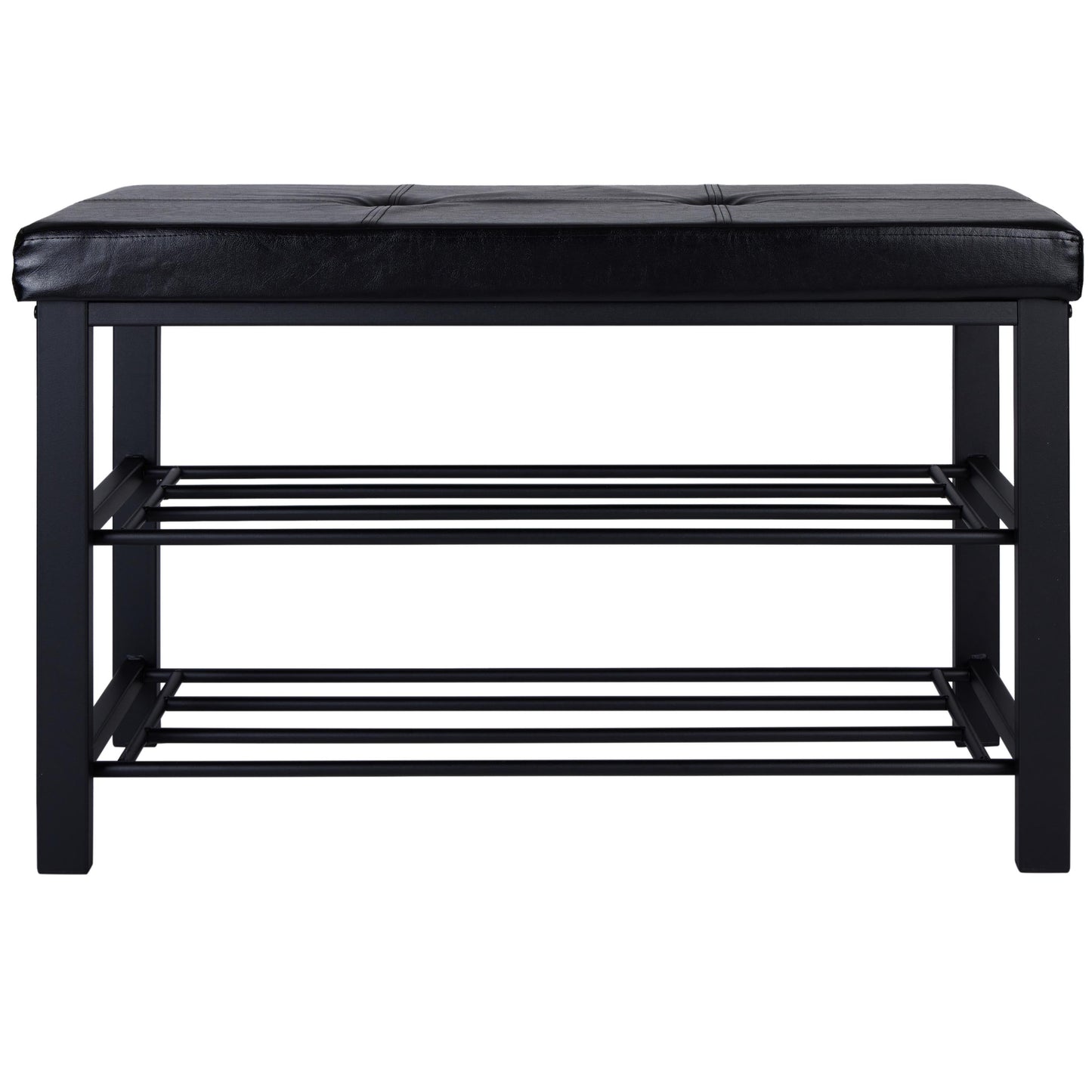 2 Tier Faux Leather Entryway Bench with 8 Pair Shoe Storage in Black