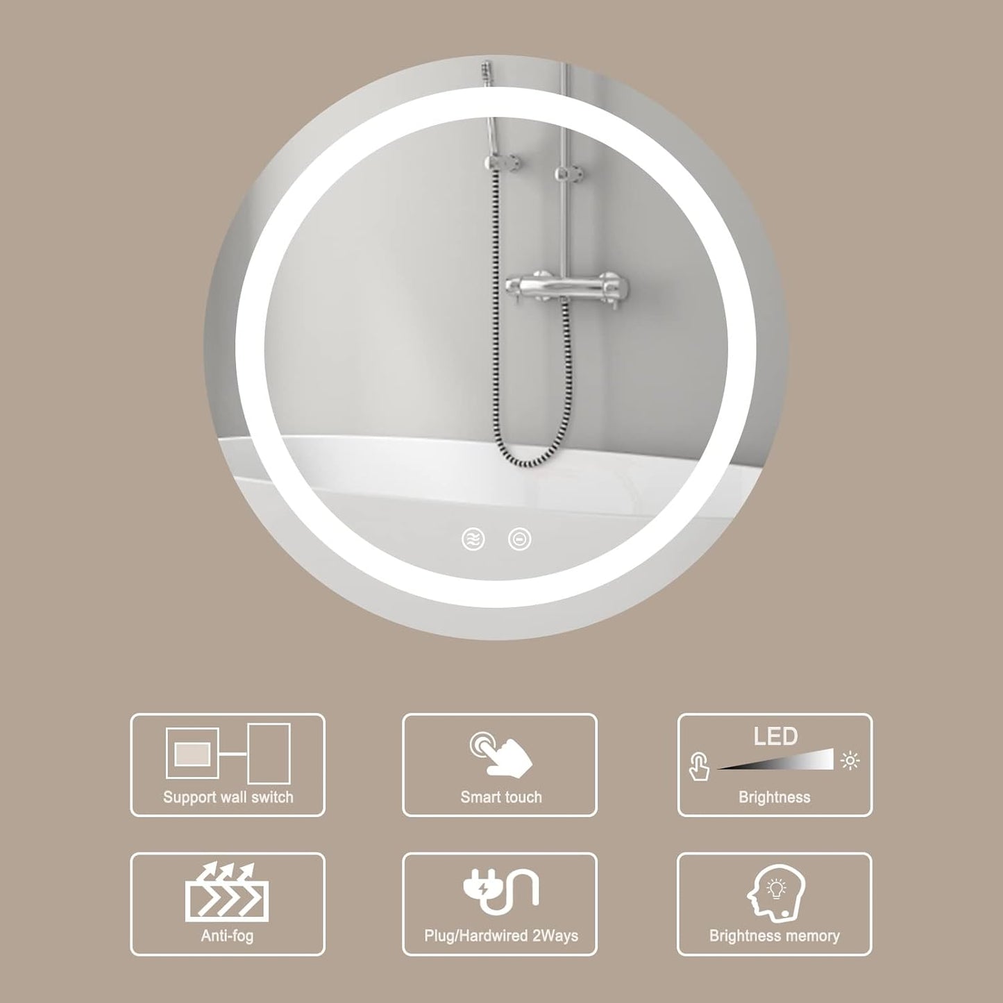 32 Inch Large Modern LED round Bathroom Vanity Mirror, Color Temperature Adjustable, Anti-Fog Dimmable Lights, Easy to Install, Wall Mounted Makeup Mirror with Smart Touch Button