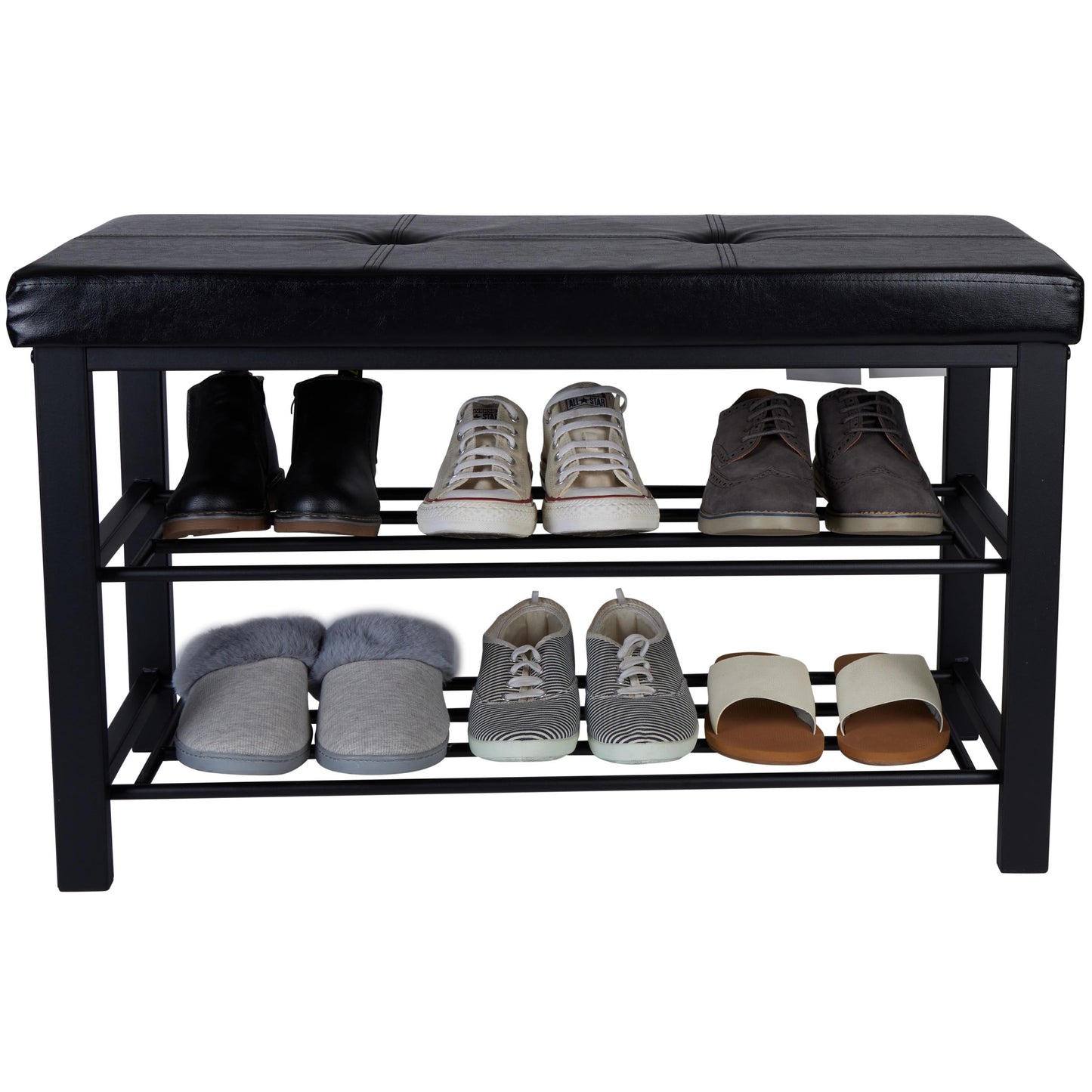 2 Tier Faux Leather Entryway Bench with 8 Pair Shoe Storage in Black