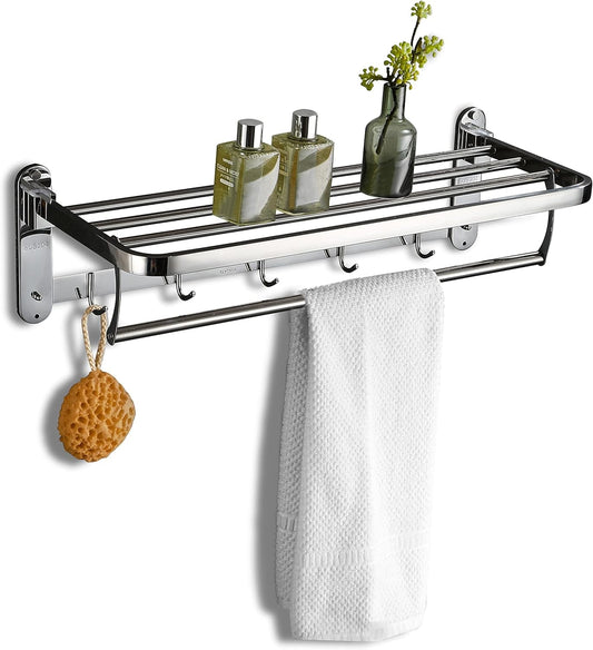 24 Inch Bathroom Shelf with Foldable Towel Bar Holder and 5 Towel Hooks Double Towel Rack for Bathroom Wall Mounted SUS304 Stainless Steel No Rust Polished Chrome Double Towel Bar