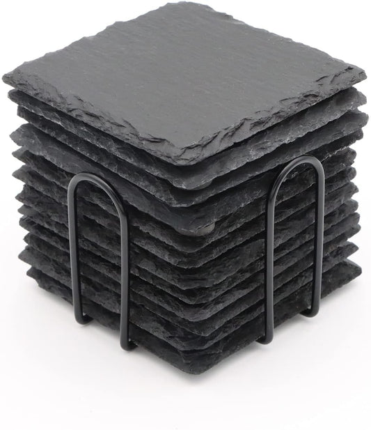 12 PCS Square Slate Drink Coasters Set,  4 Inch Laser Engraving Black Slate Stone Coasters with Anti-Scratch Bottom and Coaster Holder for Office Bar Kitchen Home Dinner Table Decor Supplies