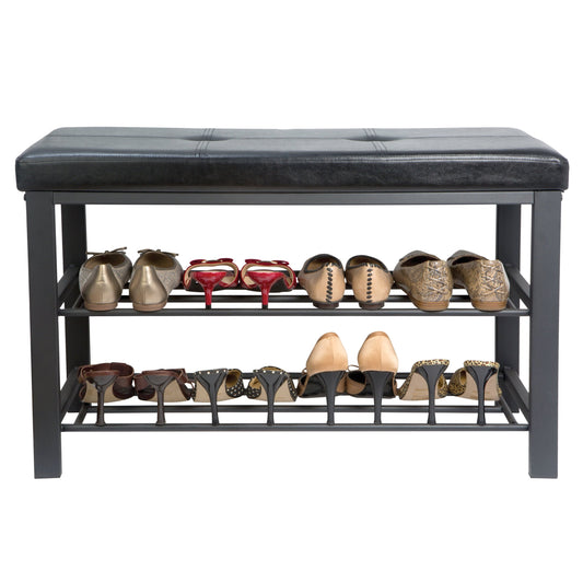 2 Tier Faux Leather Entryway Bench with 8 Pair Shoe Storage in Black
